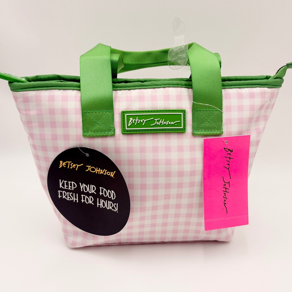 Betsey Johnson Pink Gingham Insulated Top Handle Lunch Tote Bag Green Trim NWT